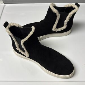 Black Suede Ankle Boots with Cream Fur Trim